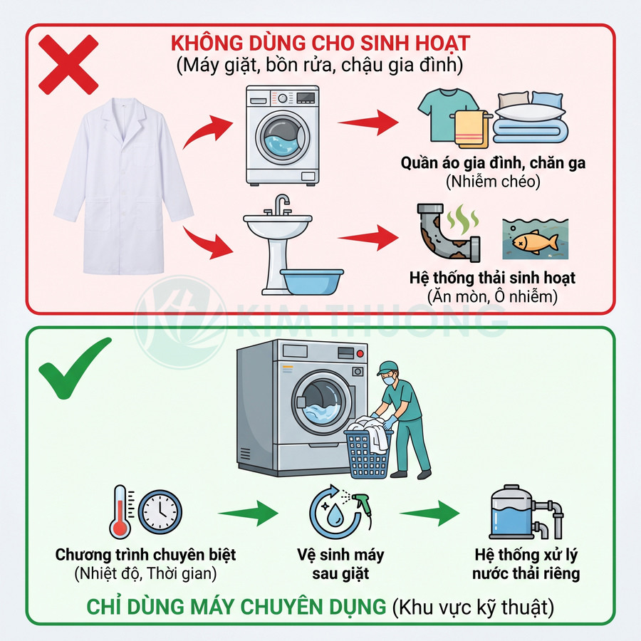 Áo blouse phòng thí nghiệm cần giặt bằng máy chuyên dụng, không dùng máy giặt gia đình