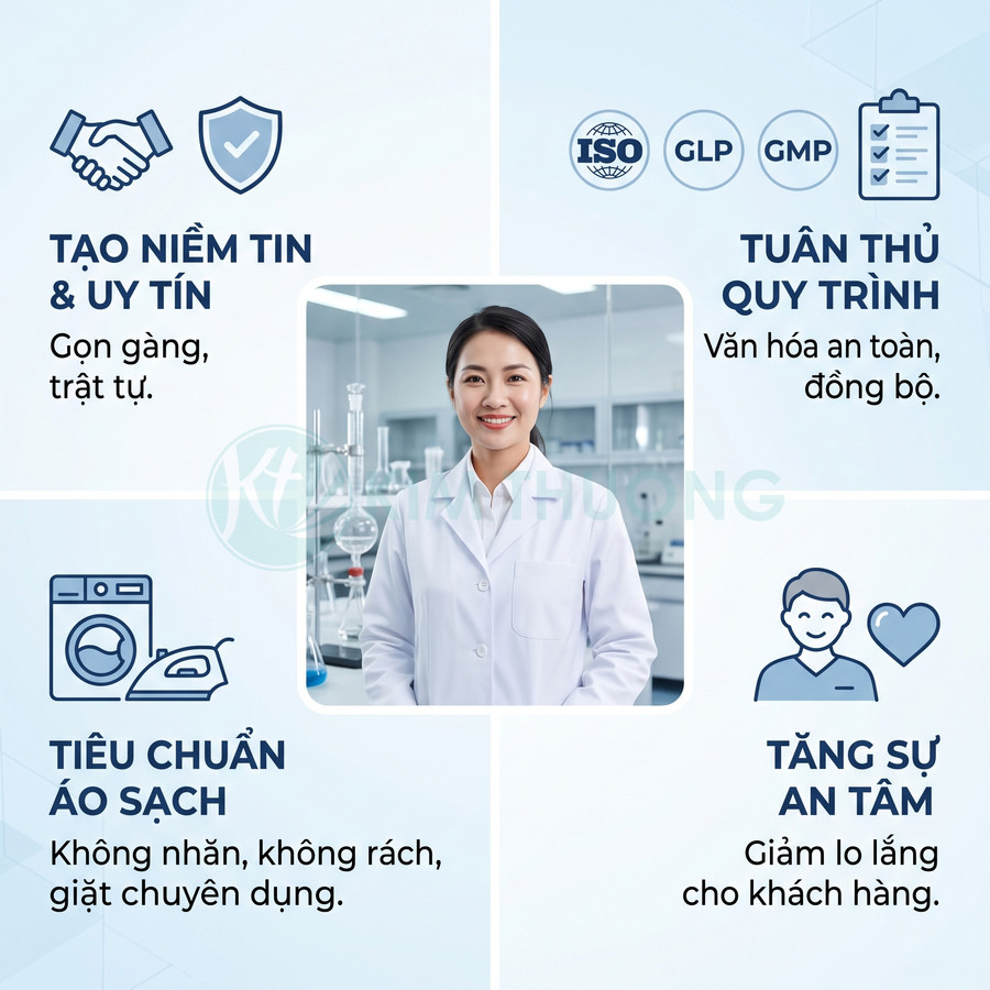 Nhân viên nữ mặc áo blouse trắng trong phòng thí nghiệm, nhấn mạnh tiêu chuẩn áo sạch và quy trình an toàn.