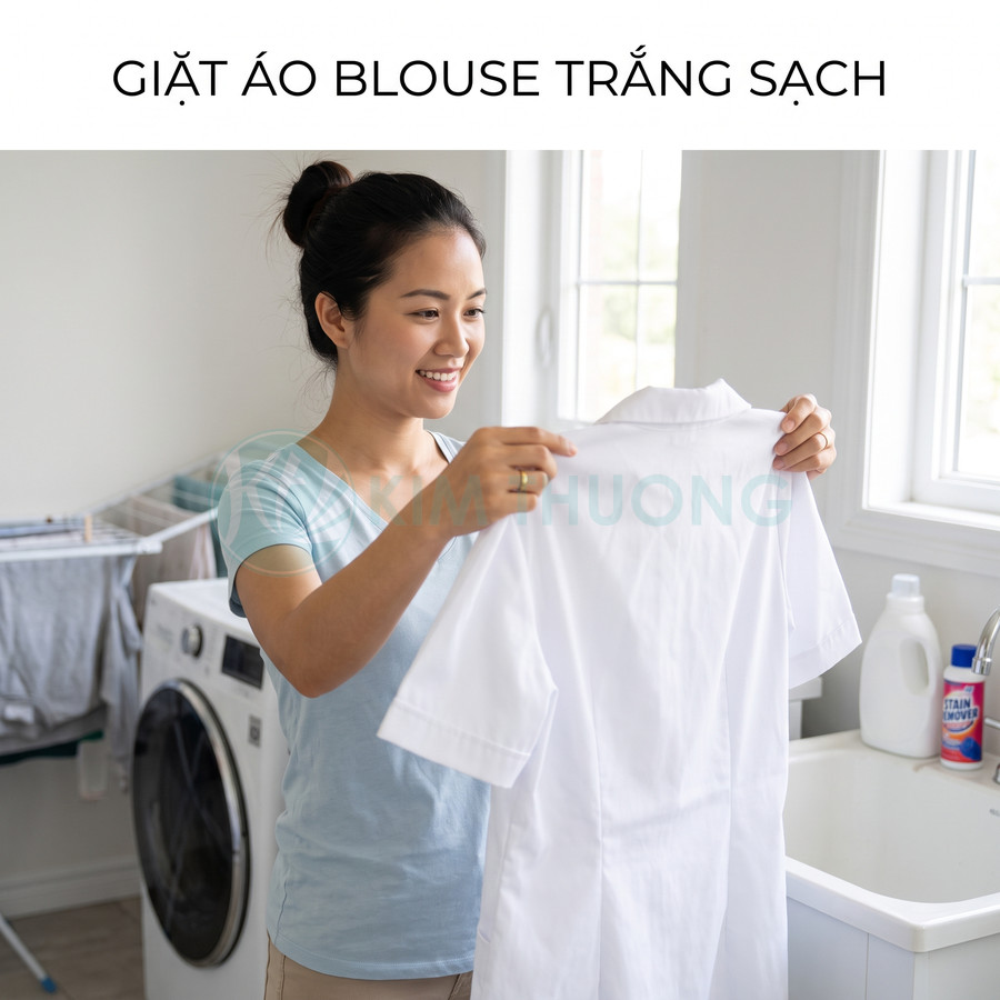 Người phụ nữ cầm áo blouse trắng sạch trong phòng giặt có máy giặt và bồn rửa