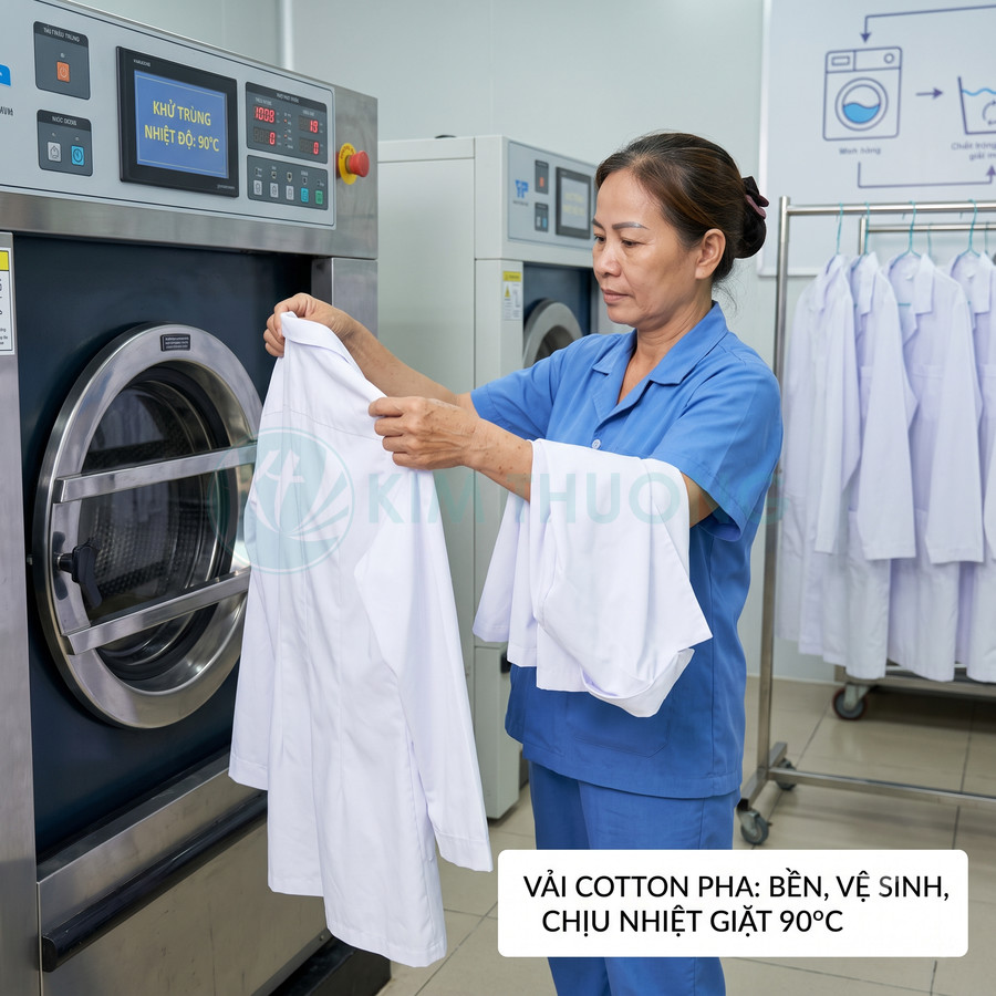 Nhân viên giặt là kiểm tra áo blouse trắng vải cotton pha sau khi giặt khử trùng nhiệt độ cao