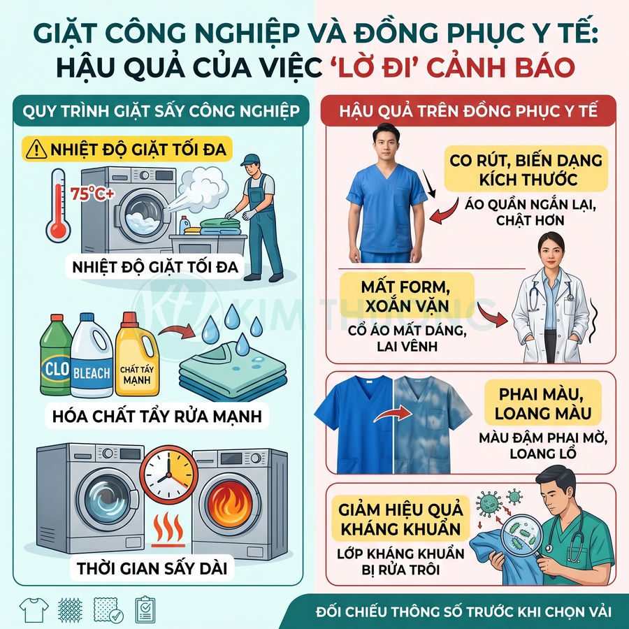 Infographic quy trình giặt sấy công nghiệp và hậu quả lên đồng phục y tế như co rút, phai màu, giảm kháng khuẩn