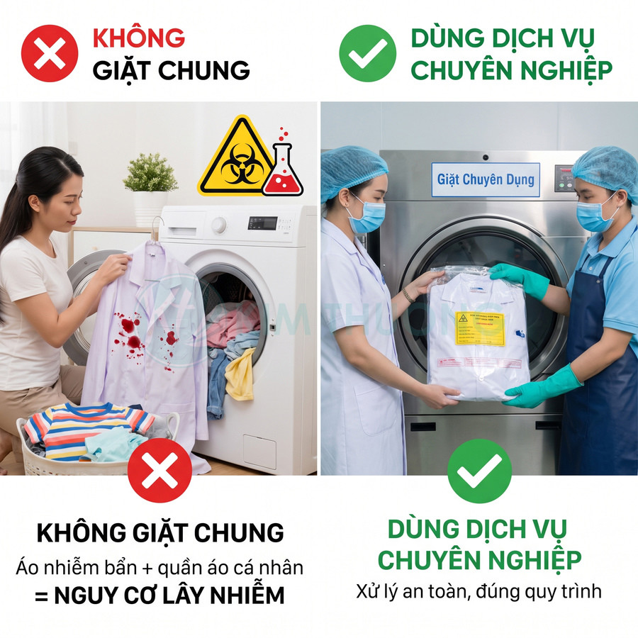 So sánh giặt chung quần áo nhiễm bẩn tại nhà với dịch vụ giặt chuyên dụng xử lý an toàn, đúng quy trình