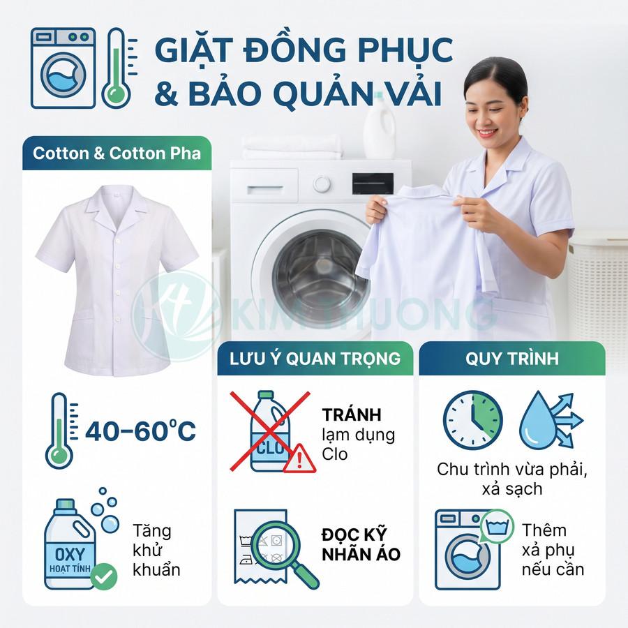 Áo đồng phục trắng vải cotton và cotton pha, hướng dẫn giặt ở 40–60°C và bảo quản vải đúng cách