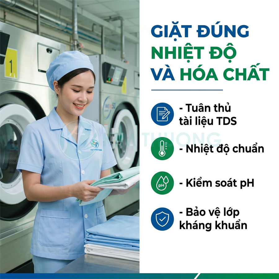 Nhân viên giặt là bệnh viện gấp khăn sạch trước máy giặt công nghiệp với hướng dẫn giặt đúng nhiệt độ và hóa chất