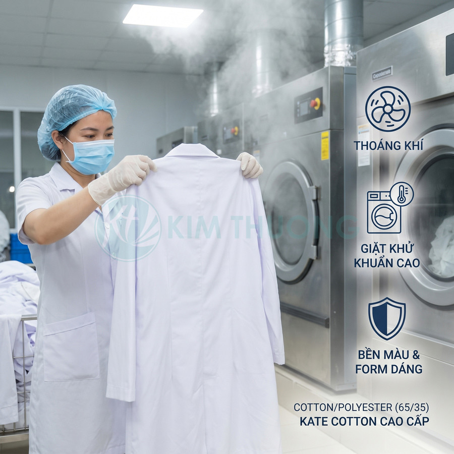 Áo đồng phục trắng chất liệu kate cotton cao cấp, pha 65% cotton và 35% polyester, được kiểm tra tại xưởng giặt công nghiệp