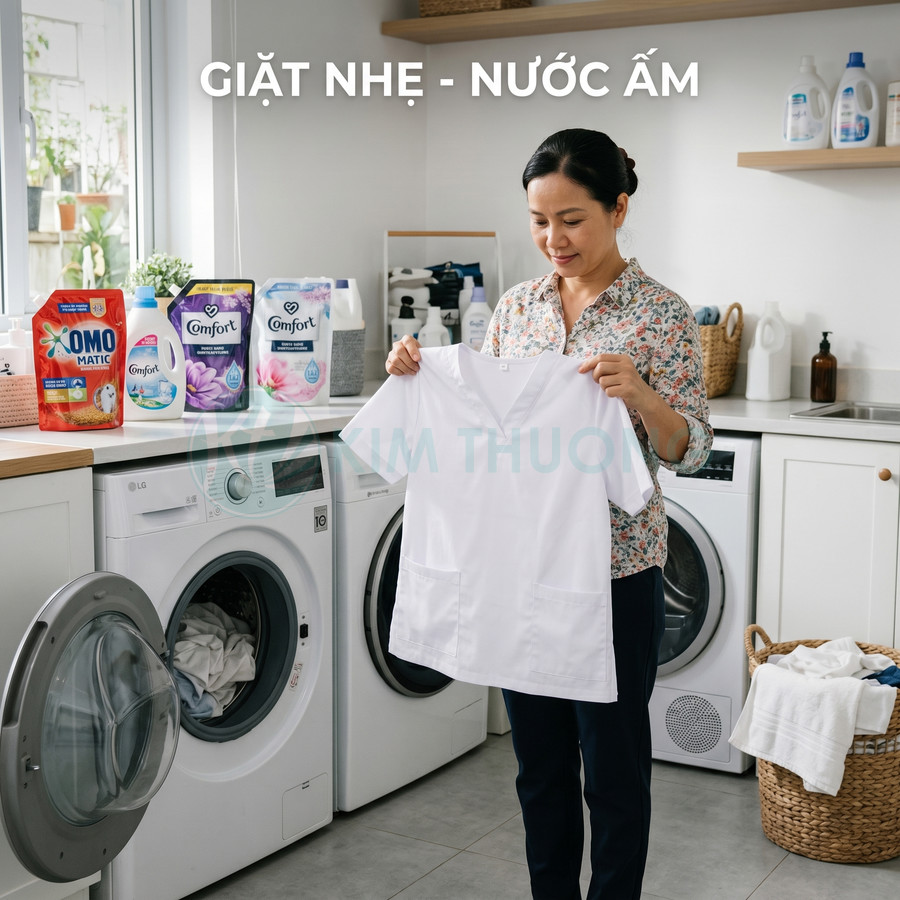 Người phụ nữ giặt áo trắng bằng máy giặt LG với nước giặt OMO Matic và nước xả Comfort