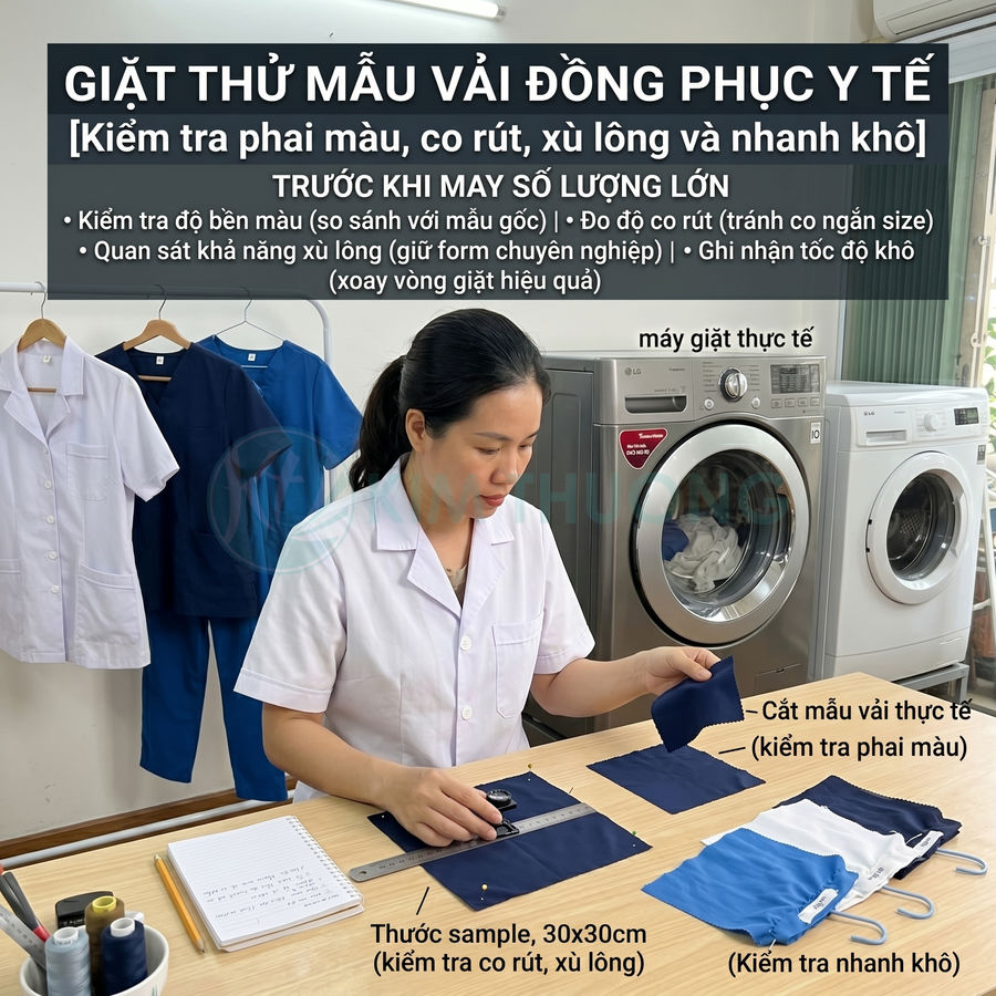 Nhân viên kiểm tra mẫu vải đồng phục y tế trước máy giặt LG và Beko để đánh giá phai màu co rút xù lông