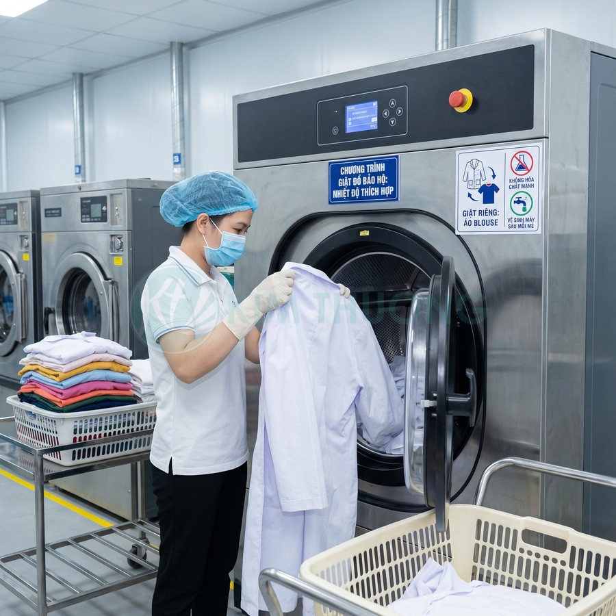 Máy giặt công nghiệp inox cửa trước dùng giặt áo blouse trong khu giặt là bệnh viện
