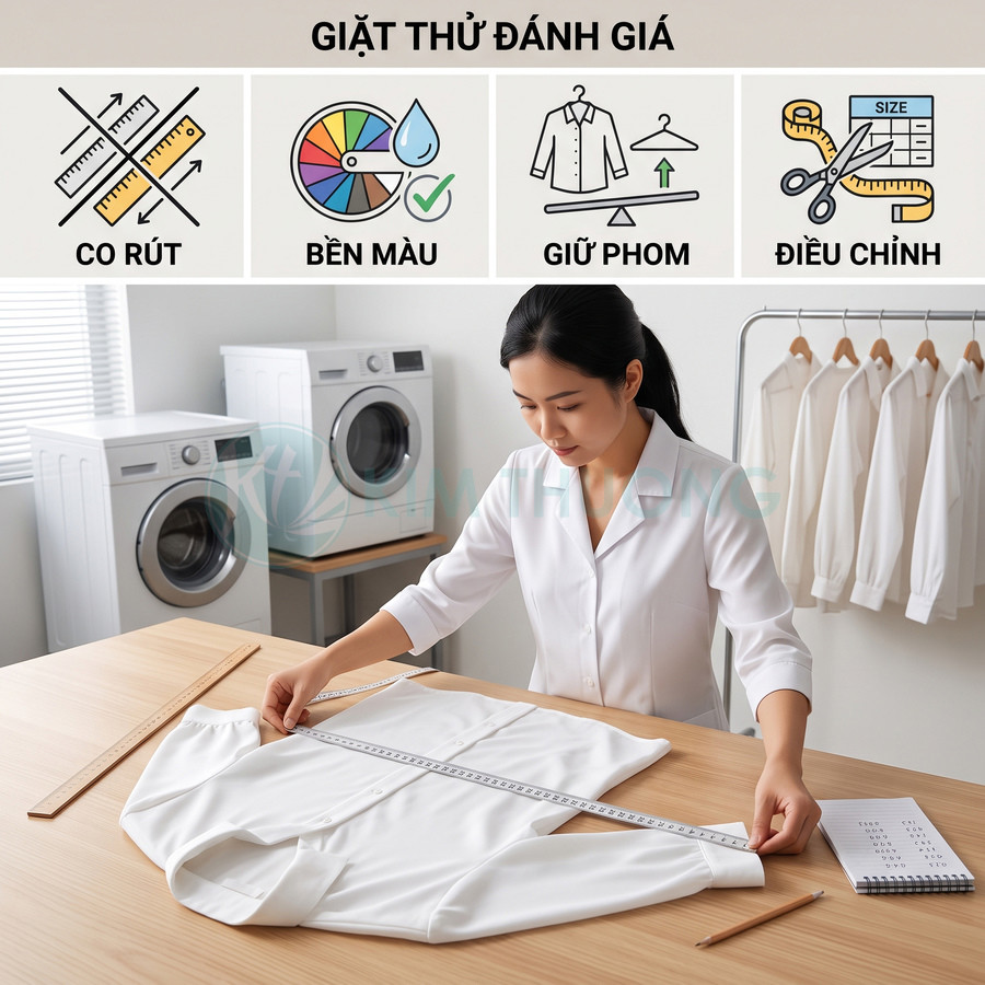 Nhân viên đo áo sơ mi trắng sau giặt để kiểm tra co rút, bền màu và giữ phom trong phòng giặt là