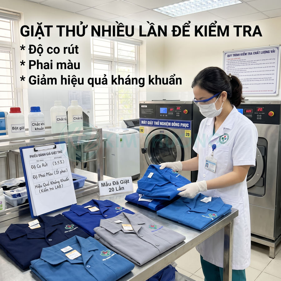 Nhân viên kiểm tra chất lượng áo đồng phục y tế sau khi giặt thử nhiều lần trong phòng thí nghiệm