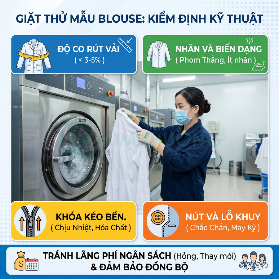 Nhân viên giặt là kiểm định áo blouse trong máy giặt công nghiệp để kiểm tra độ bền và chất lượng vải