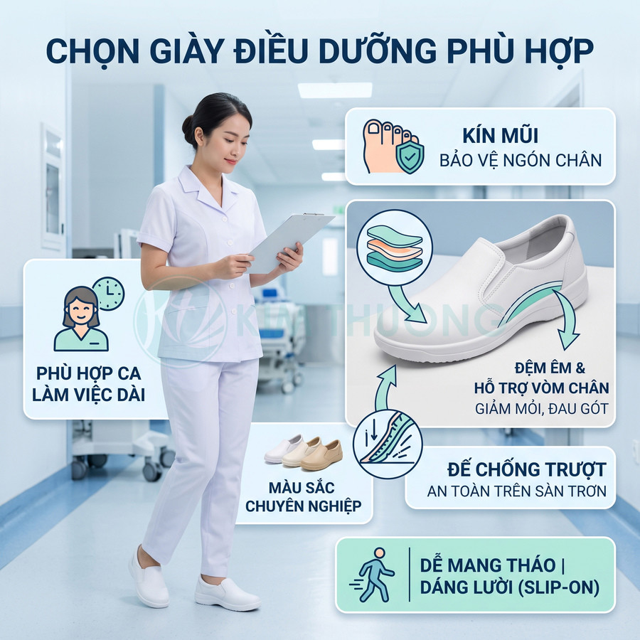 Giày điều dưỡng slip on màu trắng đế chống trượt, đệm êm hỗ trợ vòm chân cho ca làm việc dài