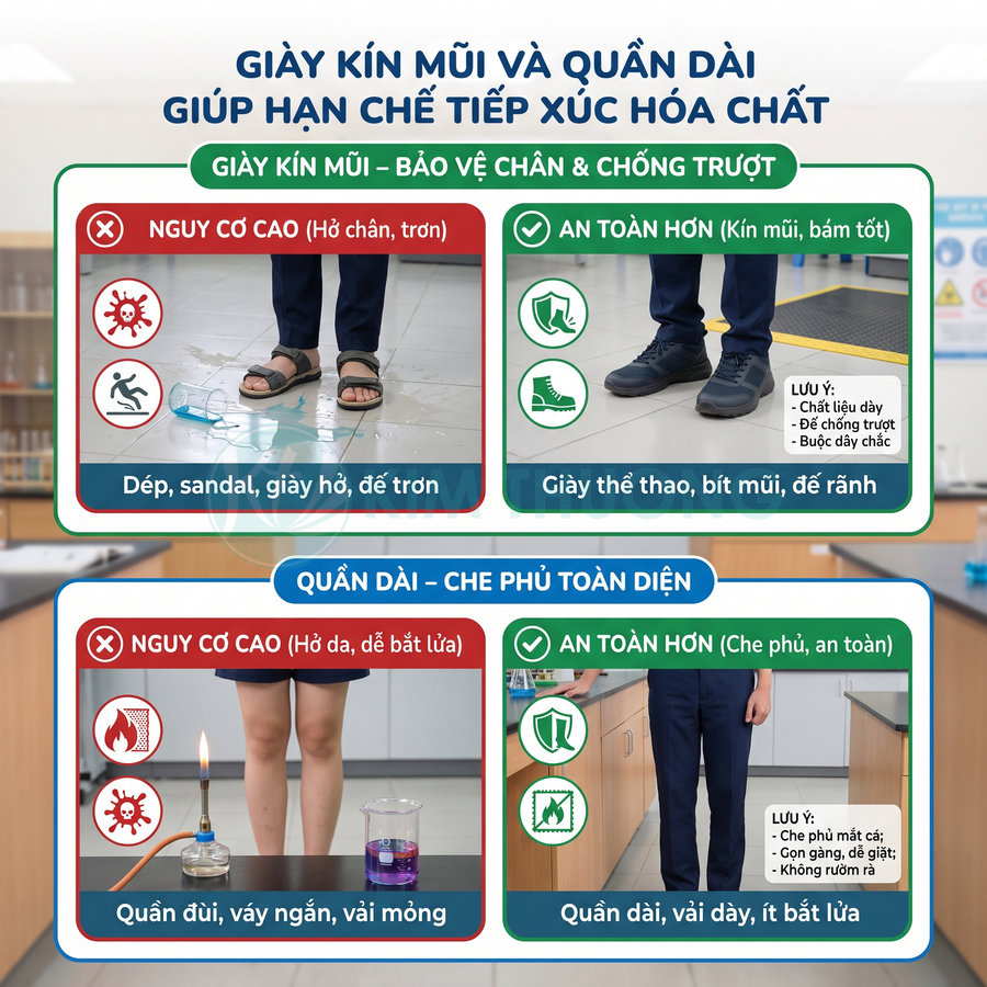 Khuyến nghị giày kín mũi chống trượt và quần dài vải dày để bảo vệ chân khi tiếp xúc hóa chất.
