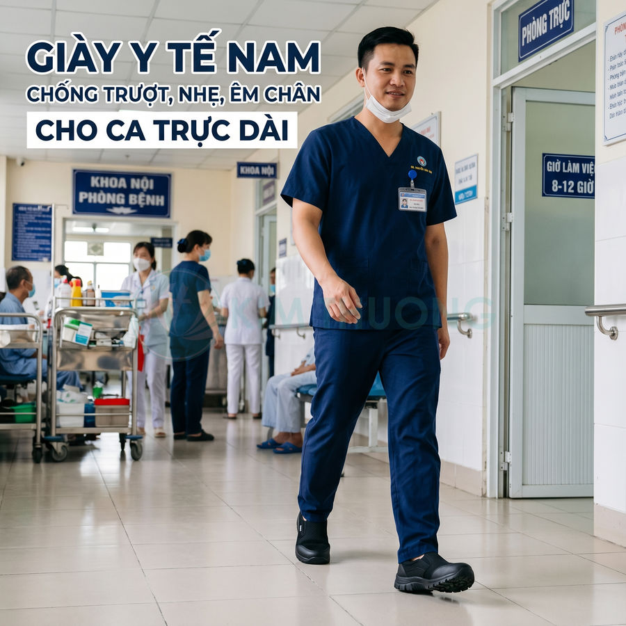 Giày y tế nam màu đen chống trượt cho bác sĩ, thiết kế nhẹ và êm chân khi đi lại trong bệnh viện