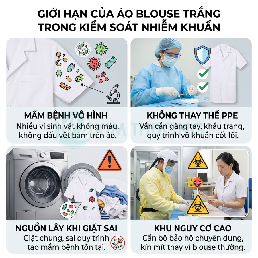 Áo blouse trắng y tế và infographic cảnh báo giới hạn trong kiểm soát nhiễm khuẩn, nguy cơ lây nhiễm khi sử dụng