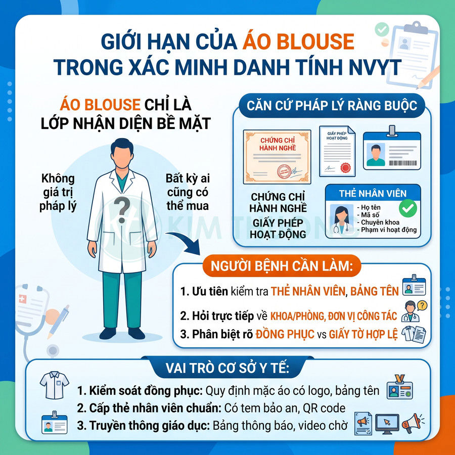 Infographic về giới hạn của áo blouse trong xác minh danh tính nhân viên y tế và các giấy tờ pháp lý cần kiểm tra