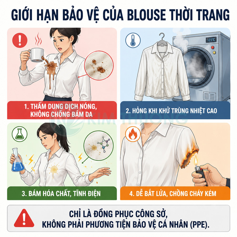 Minh họa giới hạn bảo vệ của áo blouse thời trang trước nước nóng, hóa chất, nhiệt cao và nguy cơ cháy