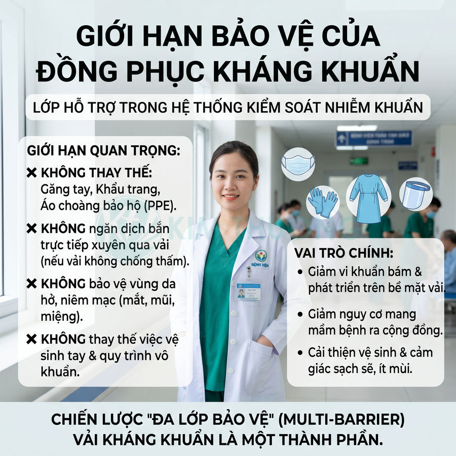Nữ bác sĩ mặc đồng phục y tế kháng khuẩn đứng trong hành lang bệnh viện với bảng thông tin về giới hạn bảo vệ