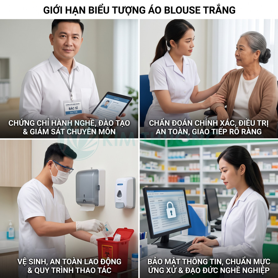Nhân viên y tế mặc áo blouse trắng khám bệnh, xử lý rác thải y tế và làm việc trên máy tính trong bệnh viện