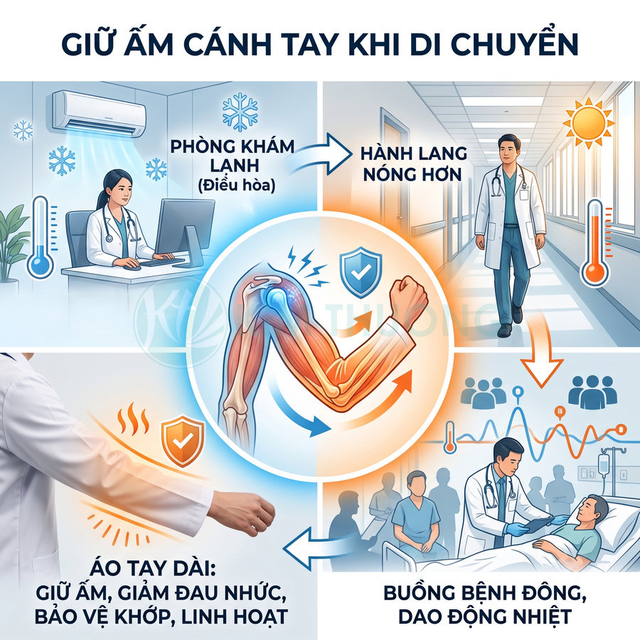 Hình minh họa bác sĩ khuyên giữ ấm cánh tay bằng áo tay dài để bảo vệ khớp khi di chuyển giữa các phòng bệnh