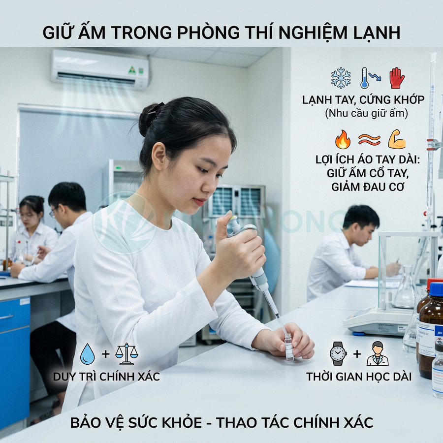 Kỹ thuật viên phòng thí nghiệm mặc áo tay dài giữ ấm khi dùng micropipette thao tác mẫu trên bàn thí nghiệm