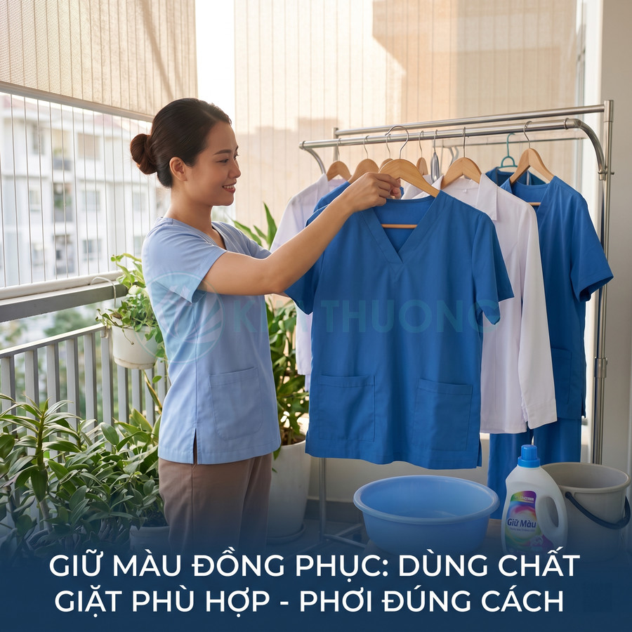 Nhân viên y tế phơi áo đồng phục y khoa màu xanh trên ban công cùng nước giặt và chậu nhựa
