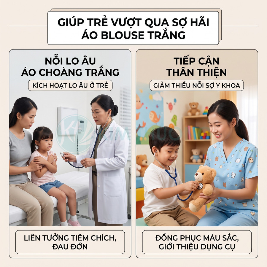 So sánh bác sĩ áo blouse trắng và điều dưỡng mặc đồng phục hoạt hình giúp trẻ bớt sợ khám bệnh