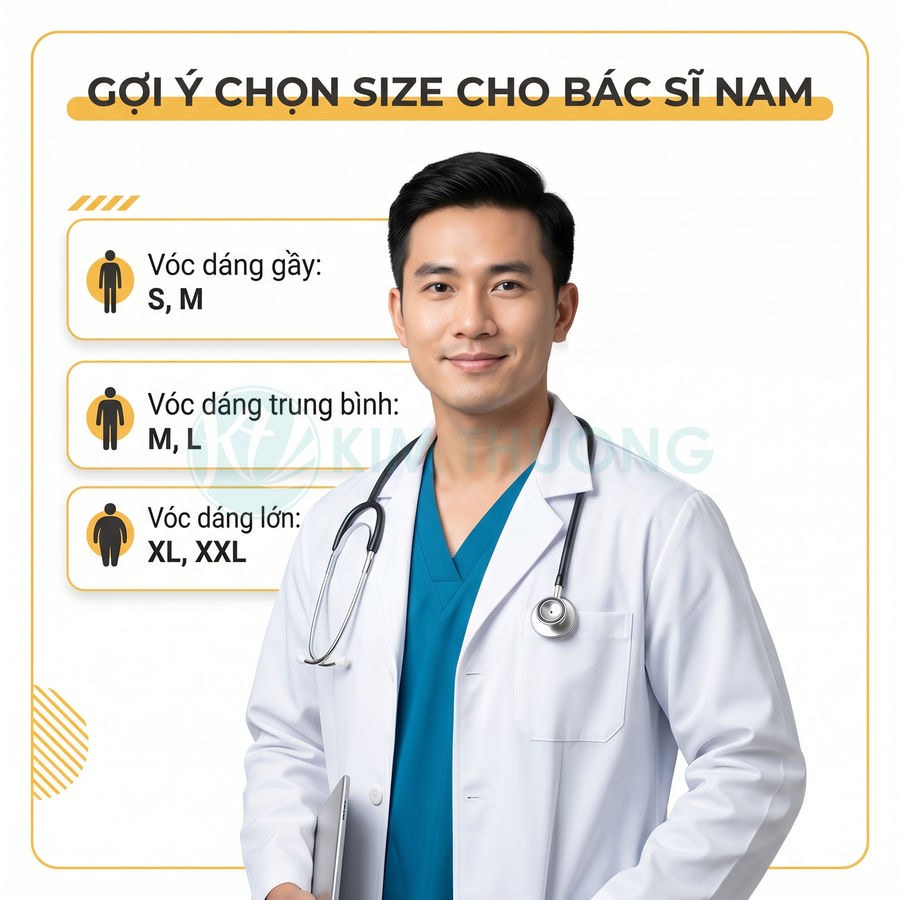 Bác sĩ nam mặc áo blouse trắng và đồ phẫu thuật xanh, bảng gợi ý chọn size áo theo vóc dáng