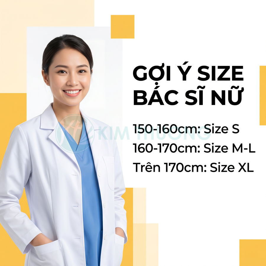 Áo blouse bác sĩ nữ màu trắng, gợi ý chọn size theo chiều cao từ 150cm đến trên 170cm