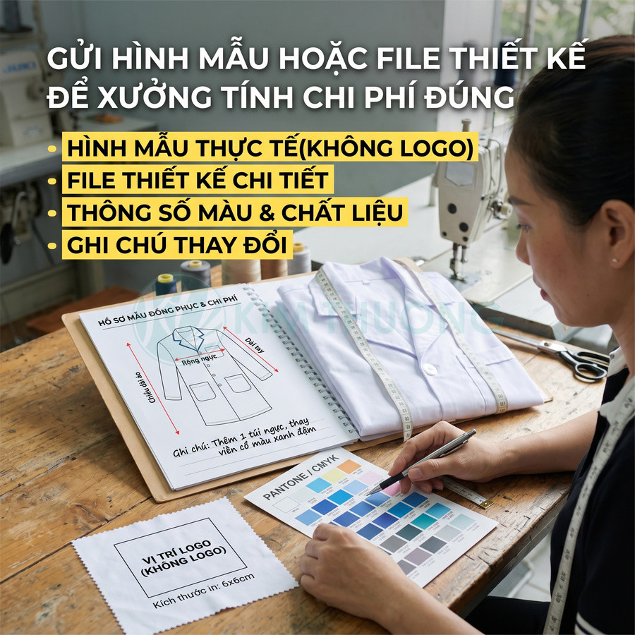 Nhân viên may đo thiết kế đồng phục với áo sơ mi trắng, thước dây, bảng màu Pantone và bản vẽ thông số chi tiết