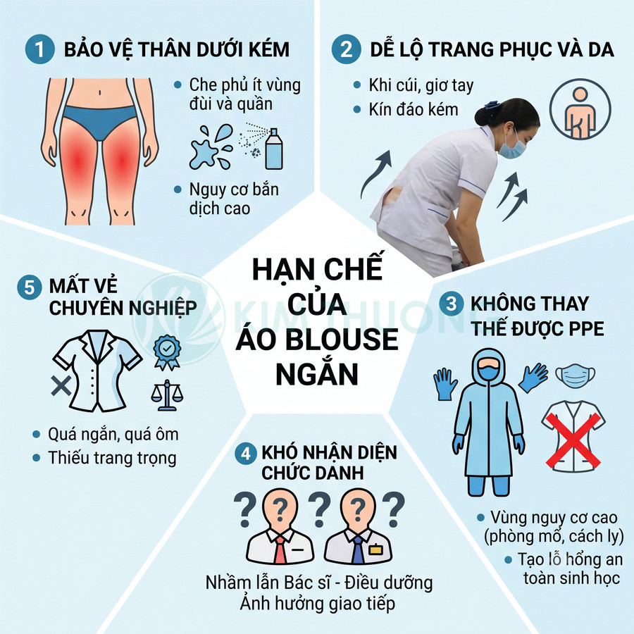 Infographic nêu các hạn chế của áo blouse ngắn cho nhân viên y tế về bảo vệ, kín đáo, PPE và tính chuyên nghiệp