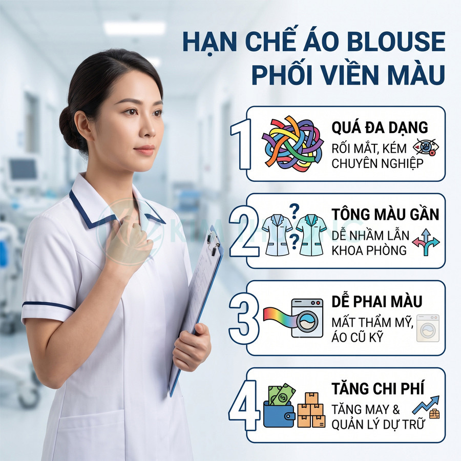 Nữ y tá mặc áo blouse trắng viền xanh navy cầm bảng hồ sơ trong bệnh viện hiện đại