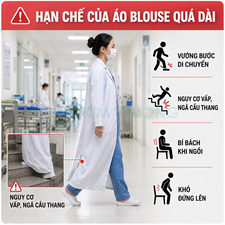 Bác sĩ mặc áo blouse quá dài trong hành lang bệnh viện kèm minh họa các hạn chế khi di chuyển và làm việc