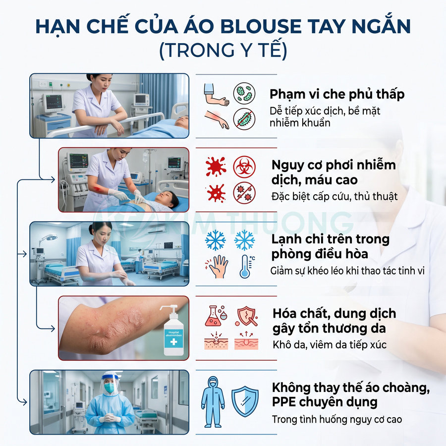 Hạn chế của áo blouse tay ngắn trong y tế với hình ảnh điều dưỡng chăm sóc bệnh nhân và PPE bảo hộ