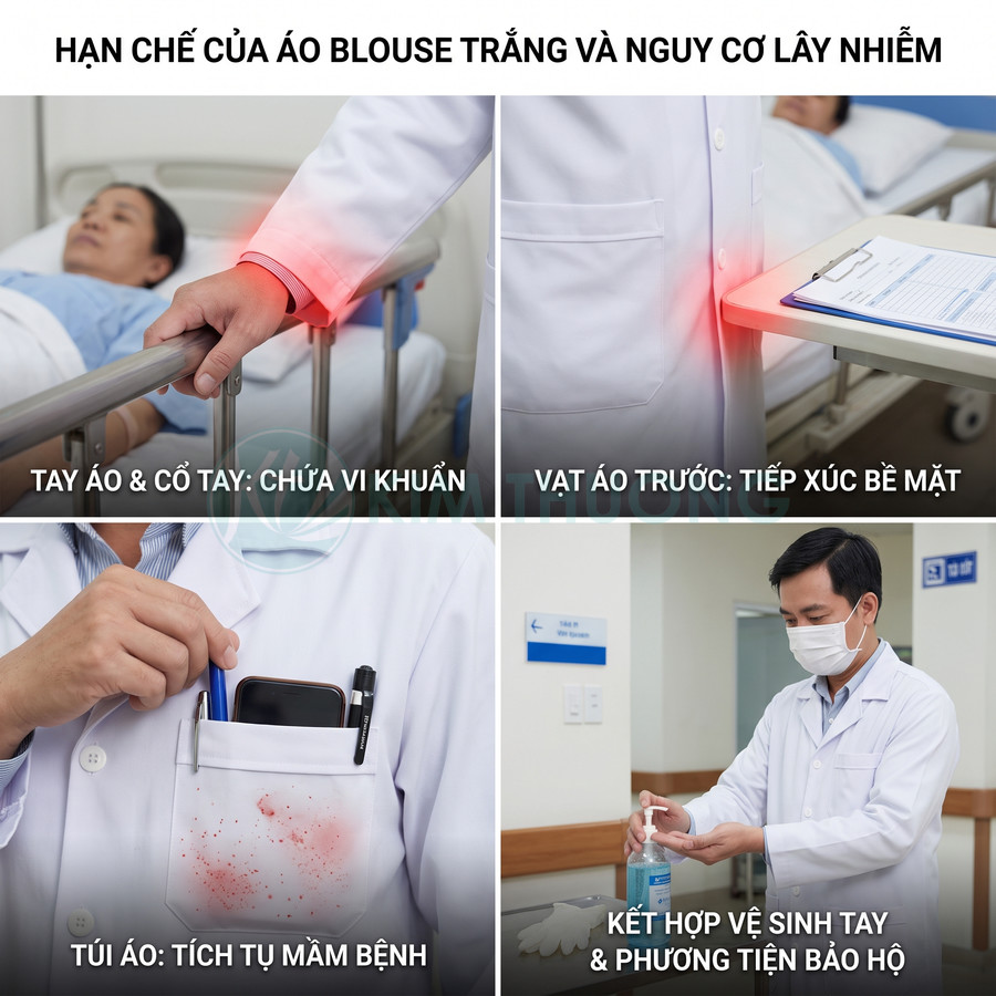 Bác sĩ mặc áo blouse trắng trong bệnh viện, minh họa nguy cơ chứa vi khuẩn và khuyến cáo vệ sinh tay, dùng bảo hộ