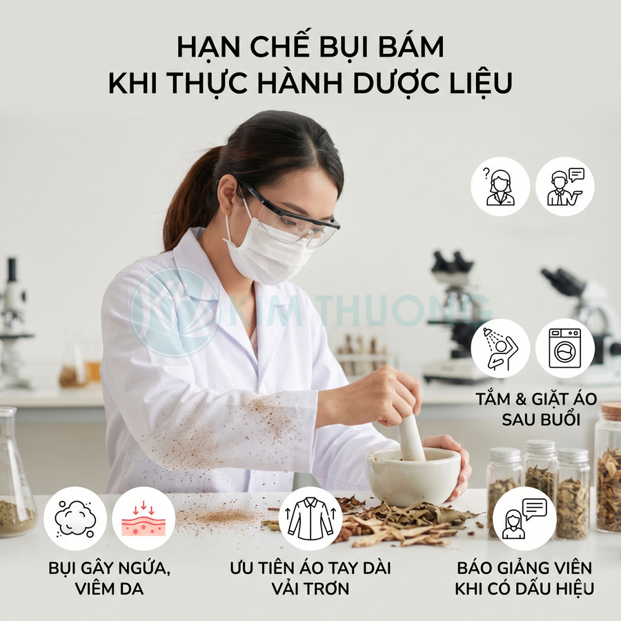 Nữ sinh viên y dược đeo khẩu trang kính bảo hộ đang nghiền dược liệu khô trong phòng thí nghiệm