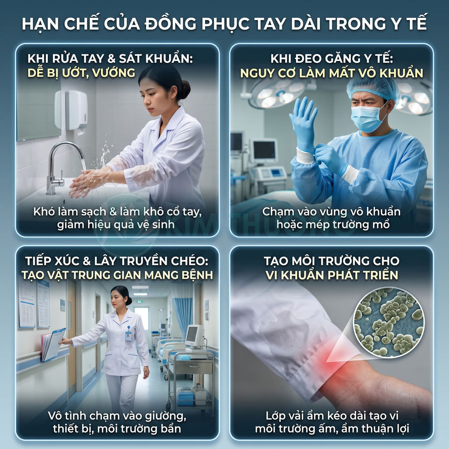 Infographic về hạn chế của đồng phục tay dài trong y tế và nguy cơ mất vệ sinh, lây nhiễm khuẩn
