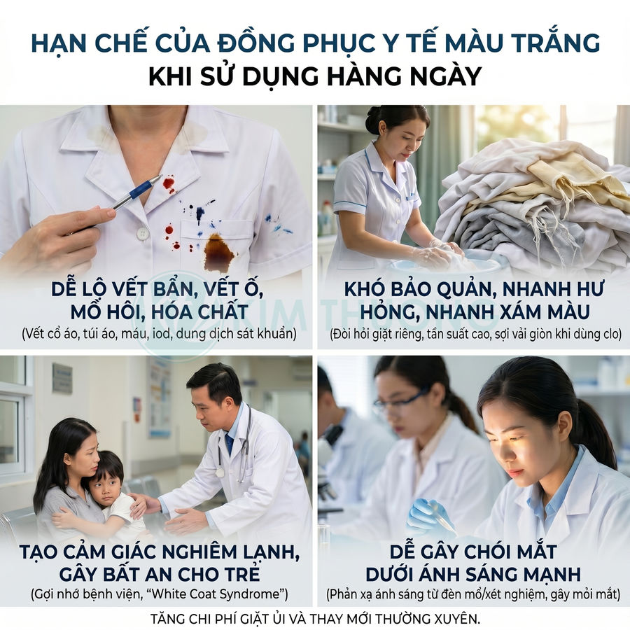Hạn chế của đồng phục y tế màu trắng khi sử dụng hàng ngày trong bệnh viện và phòng thí nghiệm