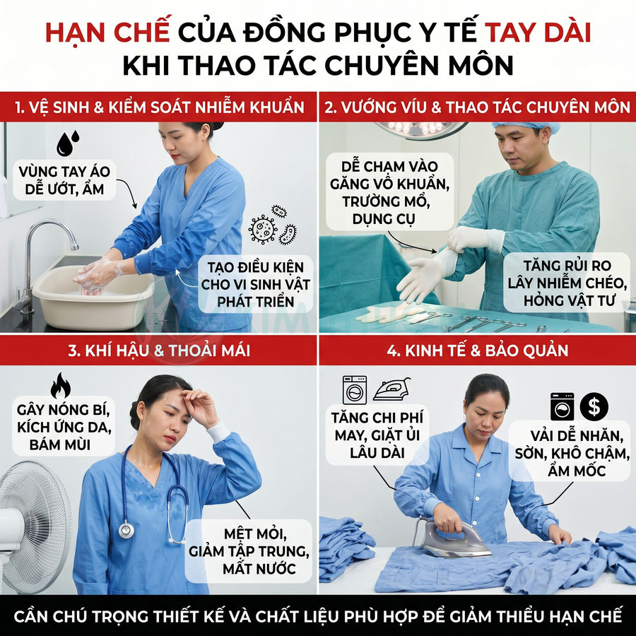 Hạn chế của đồng phục y tế tay dài trong vệ sinh, thao tác chuyên môn, thoải mái và chi phí bảo quản