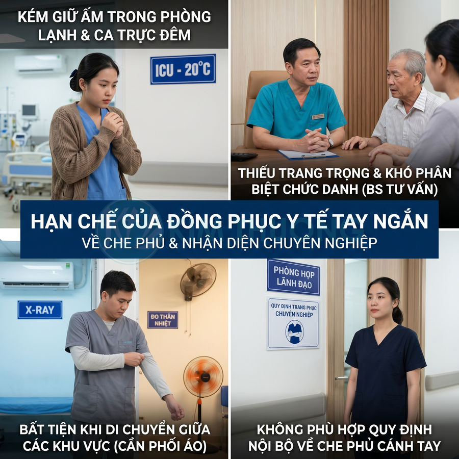 Hạn chế của đồng phục y tế tay ngắn trong bệnh viện về giữ ấm, che phủ và nhận diện chuyên nghiệp