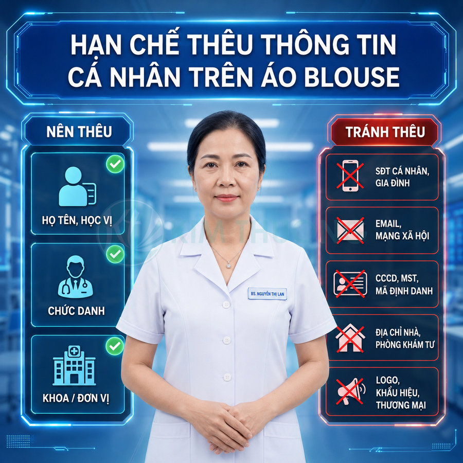 Bác sĩ mặc áo blouse trắng đứng giữa bảng hướng dẫn nên và không nên thêu thông tin cá nhân trên áo