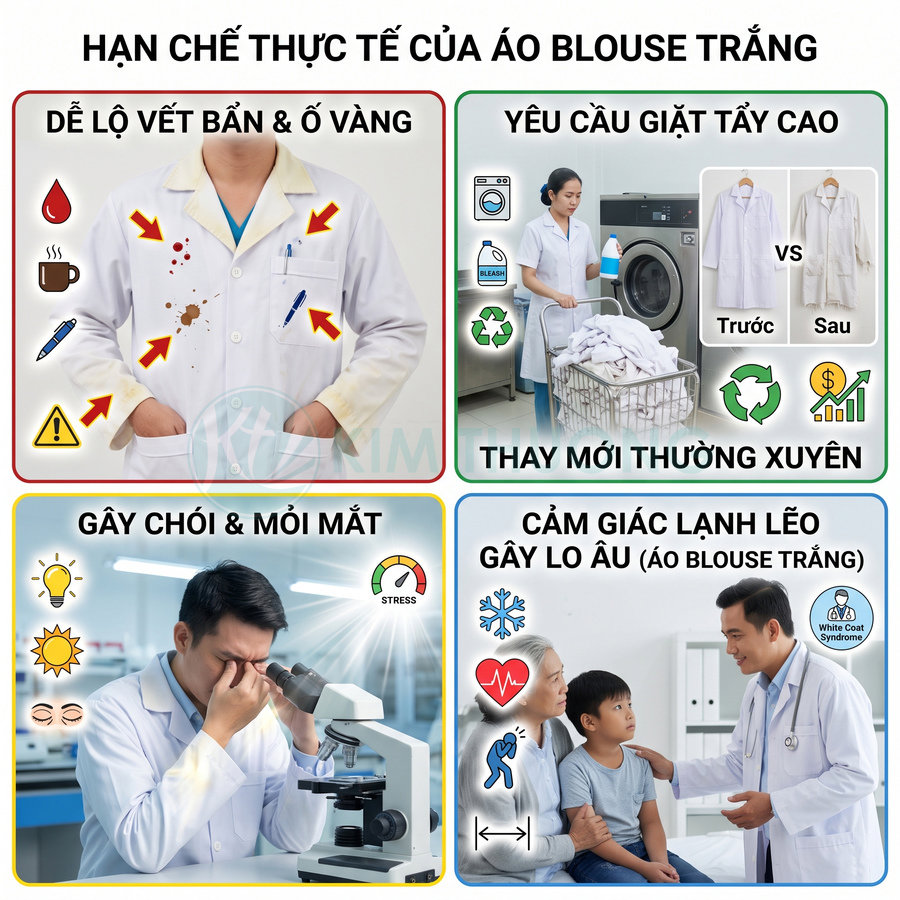 Các hạn chế của áo blouse trắng trong y tế như dễ bẩn, khó giặt tẩy, gây chói mắt và tạo cảm giác lạnh lẽo