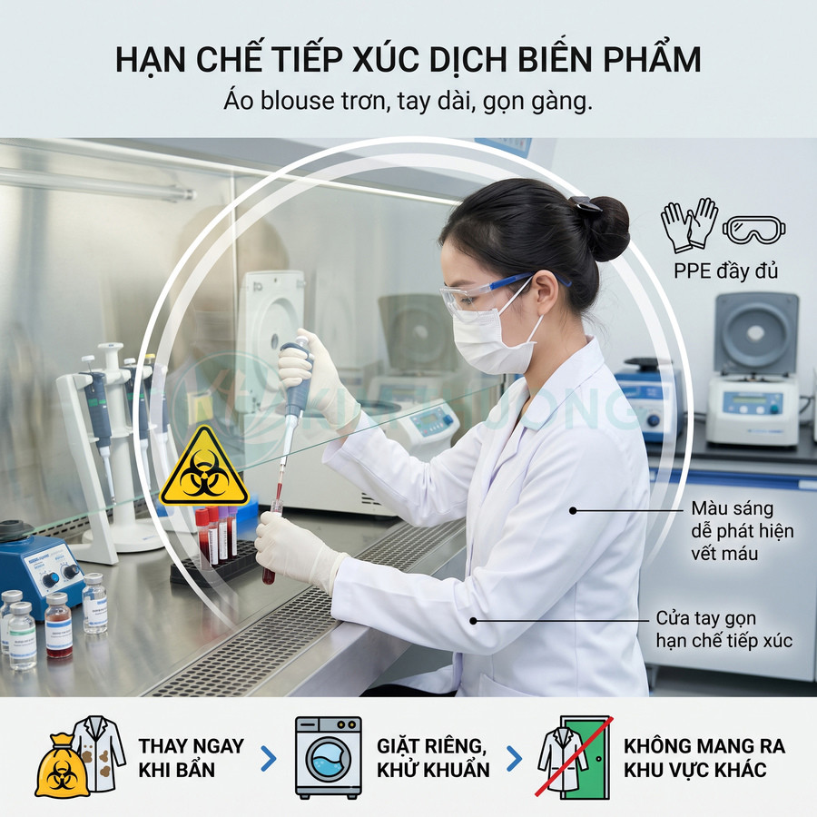 Nhân viên phòng thí nghiệm mặc áo blouse dài tay, đeo găng và khẩu trang thao tác mẫu máu trong tủ an toàn sinh học