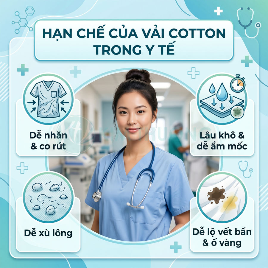Nữ y tá mặc đồng phục y tế vải cotton màu xanh, minh họa các hạn chế của vải cotton trong ngành y
