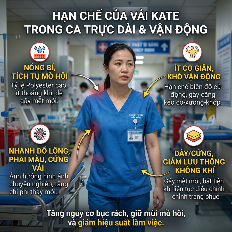 Điều dưỡng mặc đồng phục vải kate màu xanh trong bệnh viện với các nhược điểm về nóng bí và khó vận động