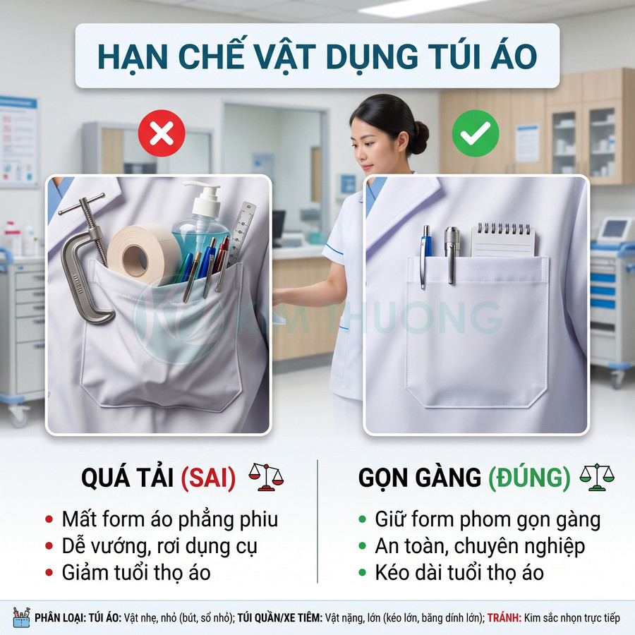 So sánh túi áo blouse bác sĩ nhét nhiều dụng cụ lộn xộn và túi áo gọn gàng chỉ đựng bút sổ ghi chép
