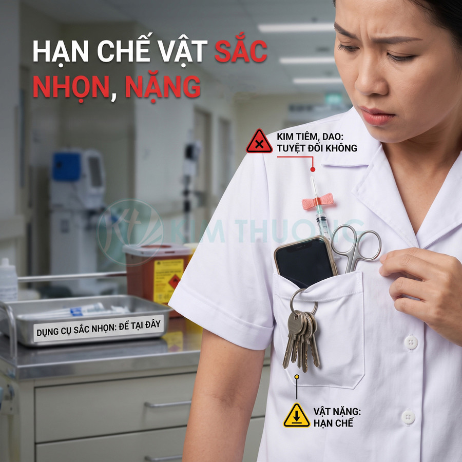 Điều dưỡng mặc áo blouse trắng mang điện thoại, kéo, kim tiêm và chùm chìa khóa trong túi áo trong bệnh viện