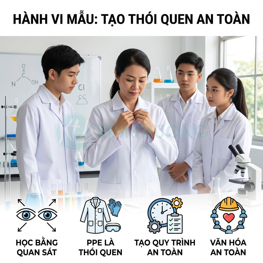 Giảng viên và sinh viên mặc áo blouse trắng trong phòng thí nghiệm, thực hành quy trình an toàn và sử dụng PPE