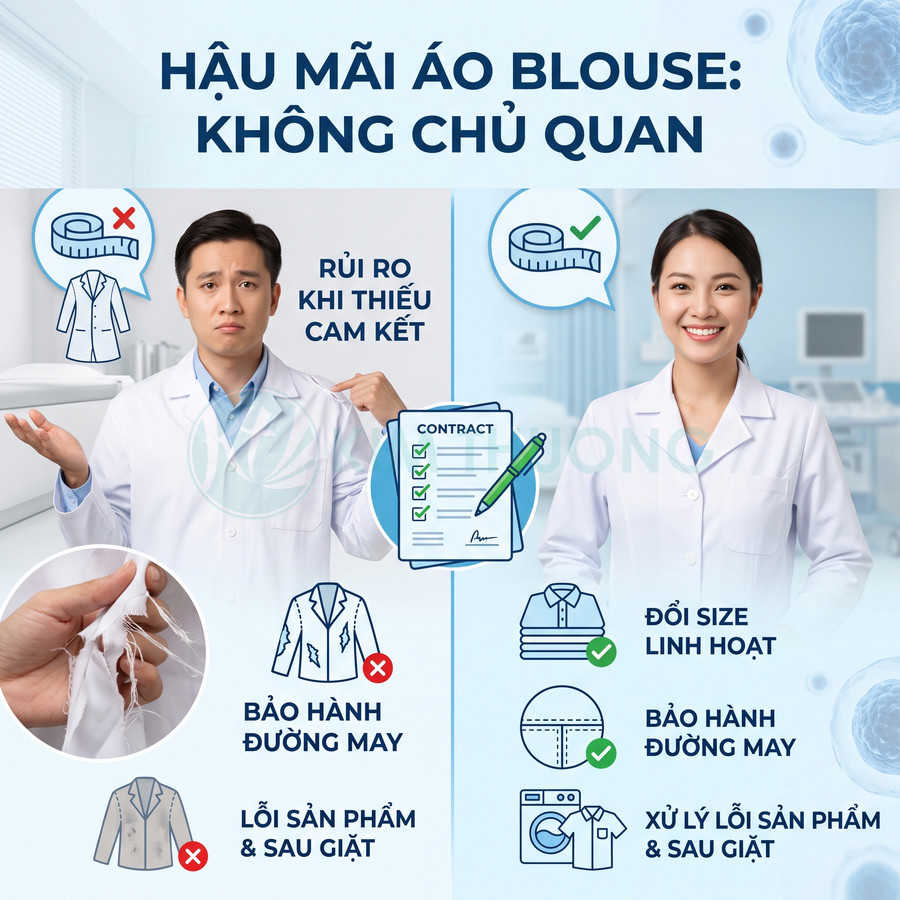 So sánh dịch vụ hậu mãi áo blouse y tế, bảo hành đường may, đổi size linh hoạt và xử lý lỗi sau giặt