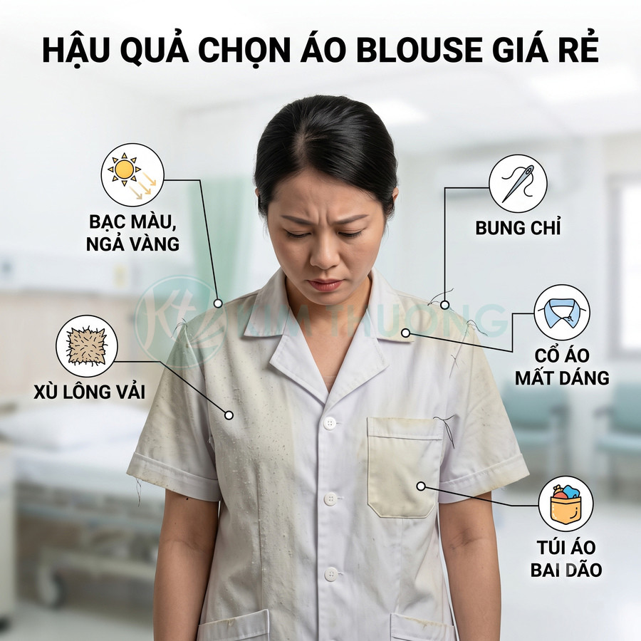 Nữ nhân viên y tế buồn bã mặc áo blouse giá rẻ bị bạc màu, xù lông, bung chỉ và túi áo bai dão